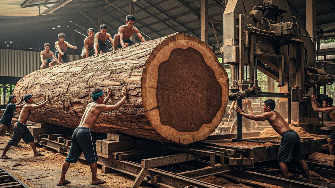 Процесс распиловки гигантского тикового дерева: превращение 500-летнего бревна-монстра в высококачес
