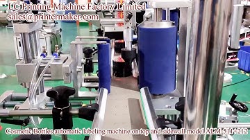 cosmetic bottles automatic labeling machine on top and sidewall model alm 511+212