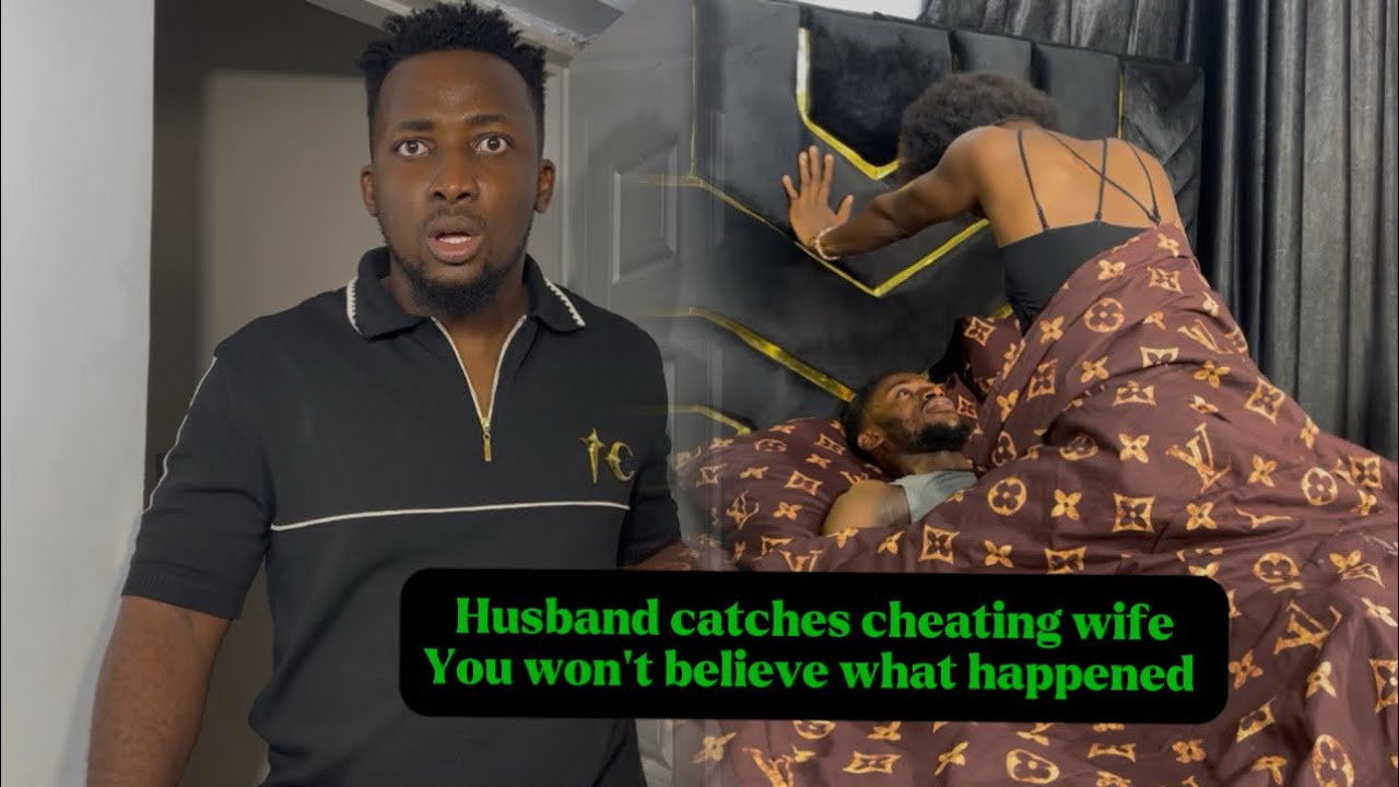 A screenshot of a YouTube video title about a husband catching his cheating wife