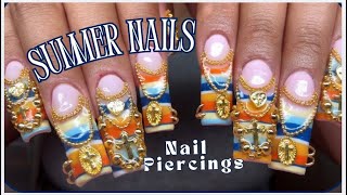 EASY SUMMER GEL X NAILS✨ NAIL PIERCING & CHAINS | BEGINNER FRIENDLY NAIL ART