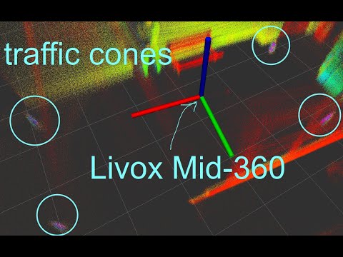 robot 'cone' localization (up to 30m) with 4 traffic cones using a Livox Mid-360 LiDAR (360x59° FOV)