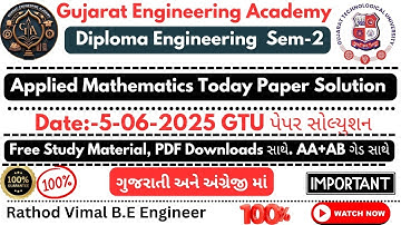 🥳Applied Mathematics Today GTU Paper Solution 5-06-2025🔥| Diploma Sem-2 All Engineering| ✅|📚#gtuexam