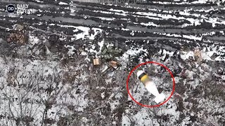 Ukrainian drone drops grenades one by one on a Russian ammunition cache
