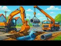 Repairing The Water Pipe Under The Road Construction Vehicles Teamwork Construction Animation
