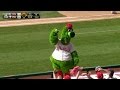 Phillie Phanatic dives on dugout to get ball