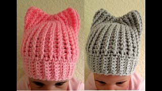 Easy crochet Baby hat with ears tutorial 03 months up to 5 months with subtitles Happy Crochet Club