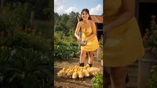 Cantando con amor mientras alimenta a sus pequeños pollitos y patitos en una hermosa mañana
