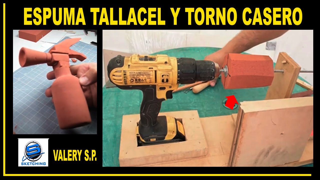 Torno casero con un taladro para tornear espuma TALLACEL. Maquetas, Modelos y Prototipos en Espuma