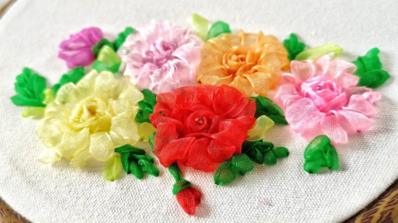 Hand Embroidery Ribbon Roses YouTube