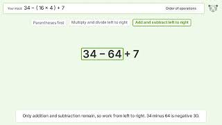 Master Order of Operations: Solve 34-(16*4)+7