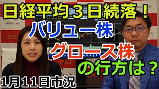 2022年1月11日【日経平均3日続落！バリュー株・グロース株の行方は？】（市況放送【毎日配信】）