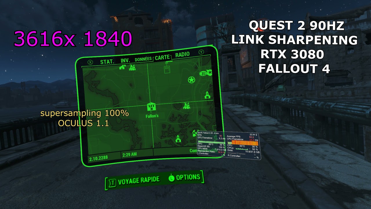 FALLOUT 4 VR - RTX 3080 - QUEST 2 90HZ (oculus 1.1) - BENCHMARK - 4K - LINK SHARPENING
