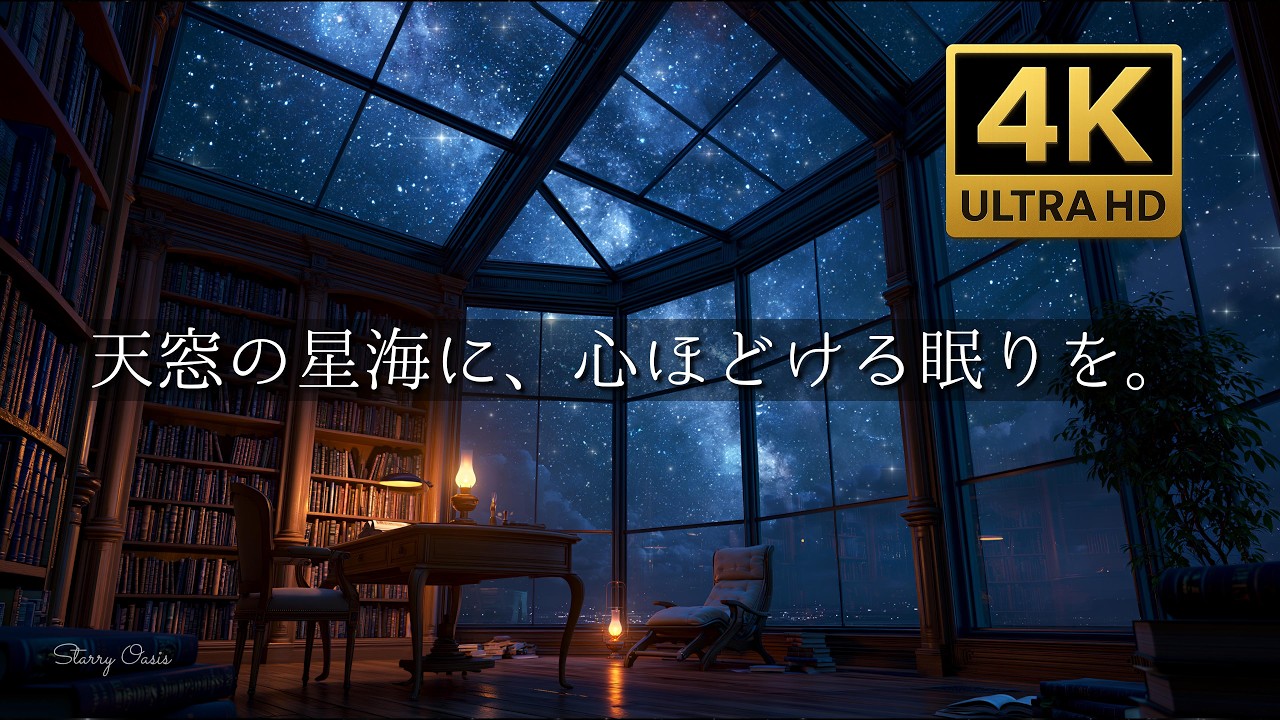 4K / 睡眠用BGM】天窓に広がる満天の星空書斎。美しくきらめく天の川と