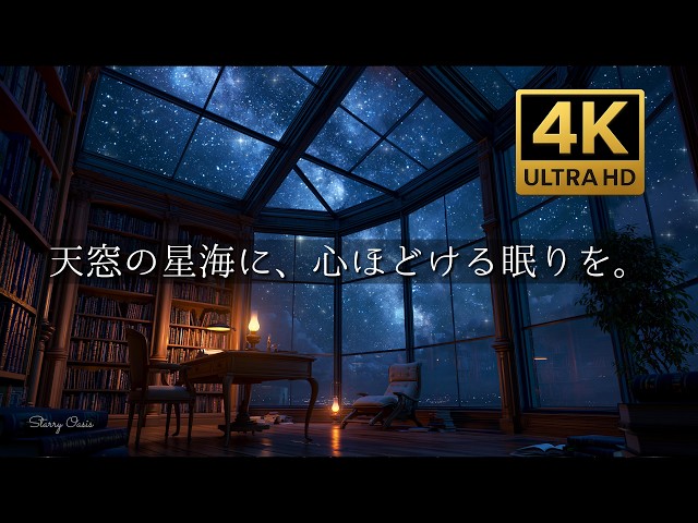4K / 睡眠用BGM】天窓に広がる満天の星空書斎。美しくきらめく天の川と