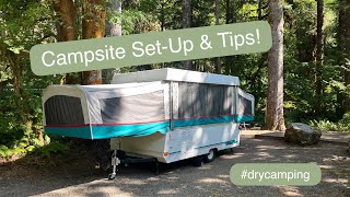 Campsite Set Up in a National Forest with the Pop Up Camper | Dry Camping Tips included!