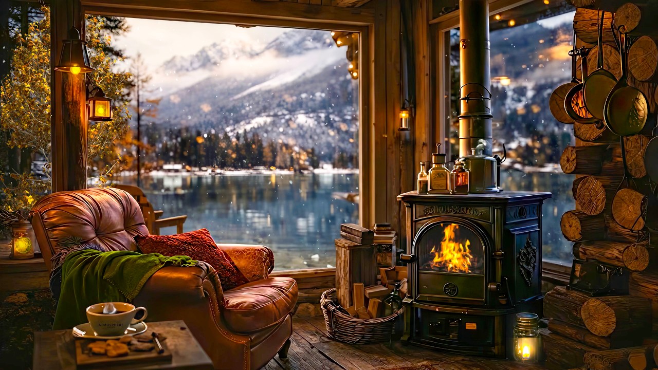 Уютная Хижина у Озера в Заснеженных Горах | Атмосфера Камина и Расслабляющий Зимний Вид