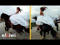 Novia tiene una brusca sesión de fotos arriba de un caballo