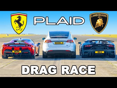 Tesla Model X PLAID v Ferrari SF90 v Lambo SVJ: DRAG RACE