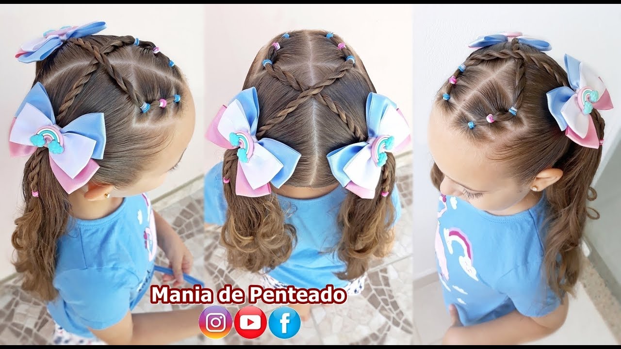 Penteado Infantil fácil com ligas e amarração para escola, Easy hairstyle  with rubber bands for school