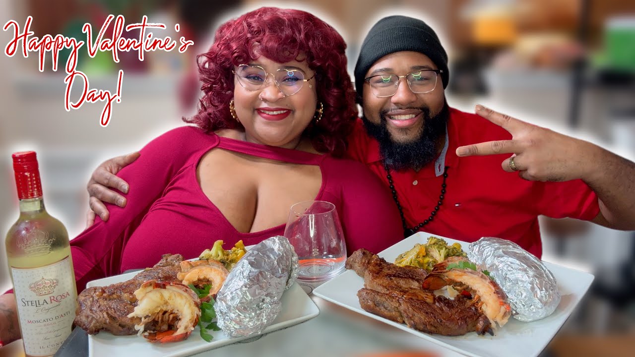 Мукбанг с стейком, лобстером, запеченным картофелем, брокколи и сыром! С Днем святого Валентина! ...