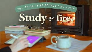 3 HOUR STUDY WITH ME By The Fireplace 🪵🧦 / Fire Crackles / Rainy Day / No Music / Pomodoro 50-10