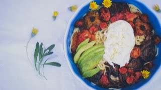 Pasta with Burrata, Avocado, & Roasted Heirloom Tomatoes & Onions