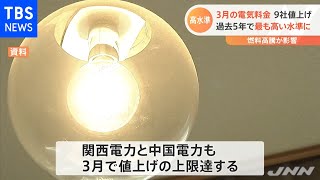 ３月の電気料金９社値上げ 過去５年で最も高い水準に