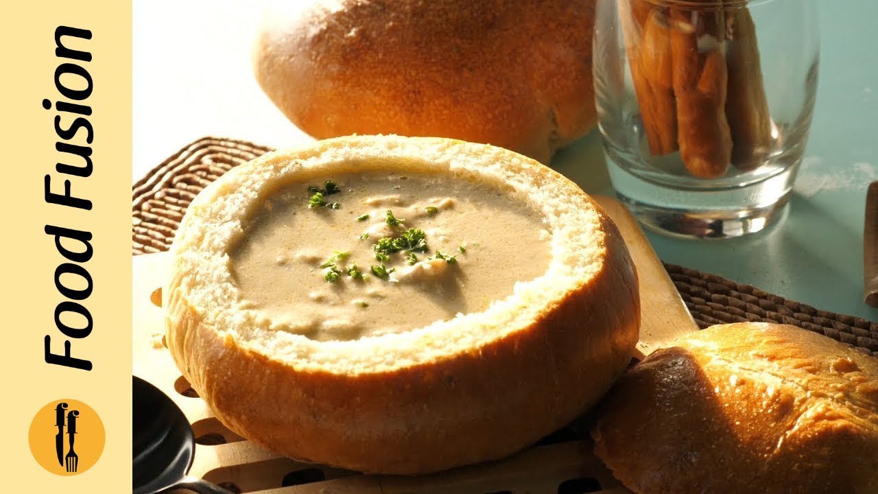 Cream Of Mushroom Soup with Bread bowl Recipe By Food Fusion