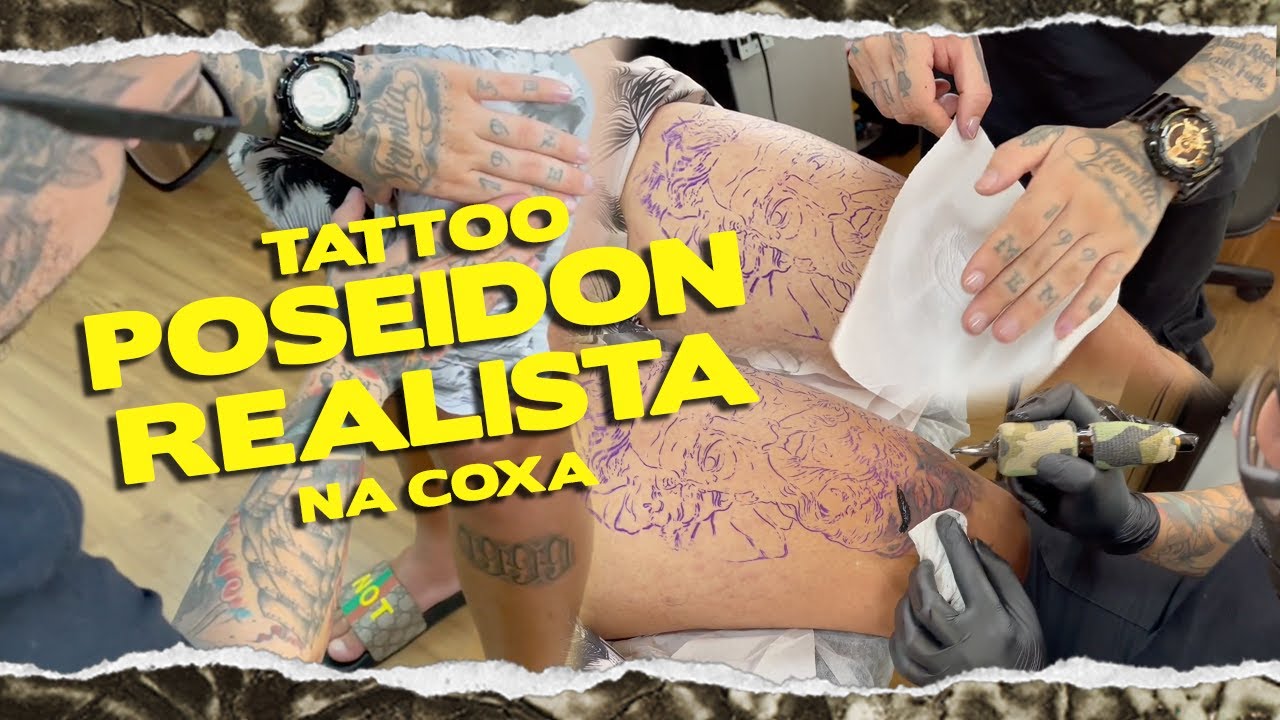 TATTOO POSEIDON REALISTA NA COXA