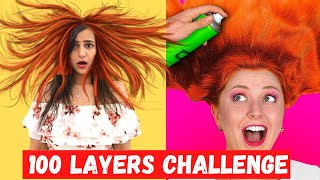 CRAZY 100 LAYERS CHALLENGE | Layers of Makeup, Hair, Shirts