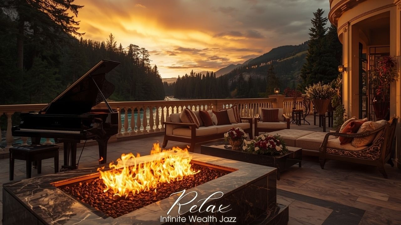 Luxury Sunset River Jazz 24/7 🔥🌊🎹 | Fireplace, Flowing Stream & Smooth Cozy Jazz Ambience