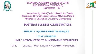 Case Study  Formulation of Linear Programing  Problem | Quantitative Techniques | SNS Institutions