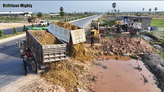 : First Start new Small Project, Bulldozer Komatsu D31P Push Soil & Stone, Dump Truck Unloading