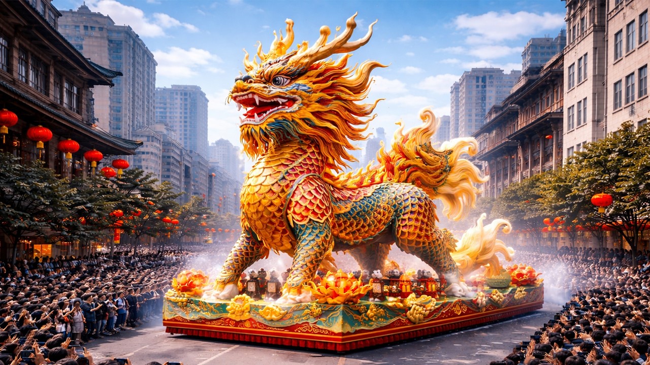 Desfile Mitológico Chino en Pekín (4K) Multitudes fascinadas + Criaturas legendarias gigantes
