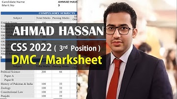 Ahmad Hassan Chatha CSS 2022 Topper DMC - Marksheet