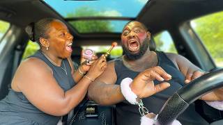 Handcuffing My Husband To The Steering Wheel Then Giving Him A Full Face Of Makeup! *HILARIOUS*