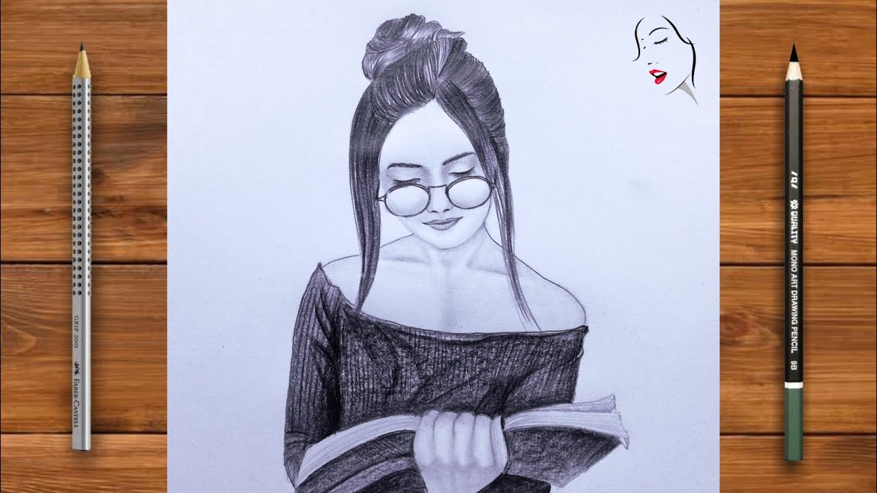 A girl with beautiful hair Pencil Sketch  How to draw a Girl with Glasses   bir kız nasıl çizilir  YouTube