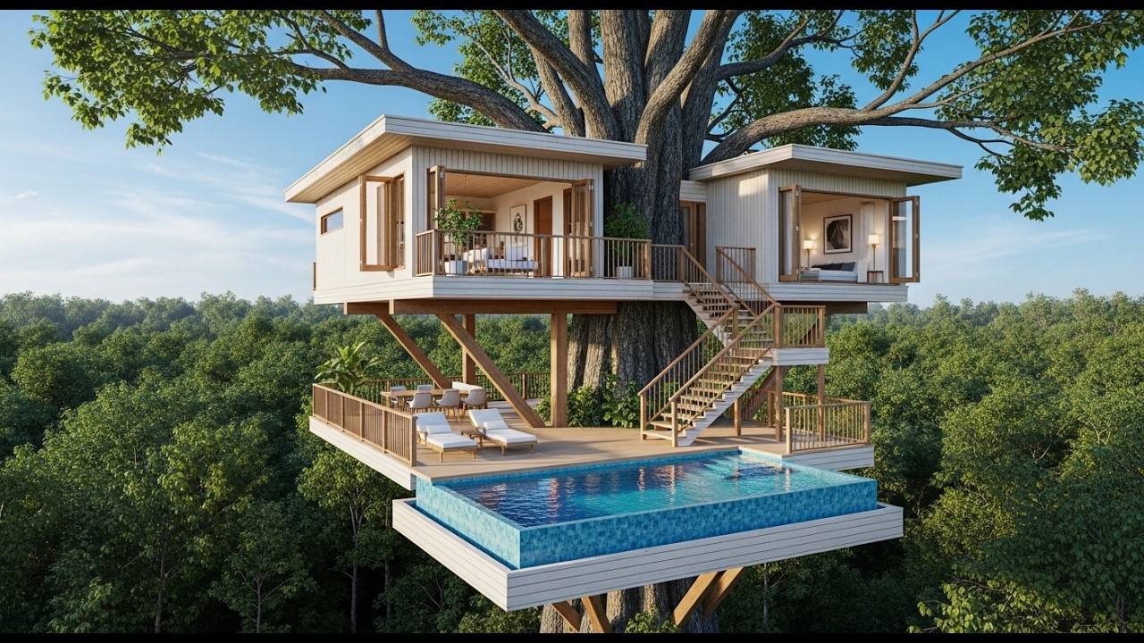 69 Days Constructing a Modern Secret Treehouse & Private Pool Deep in the Jungle!@SurvivalBuilder