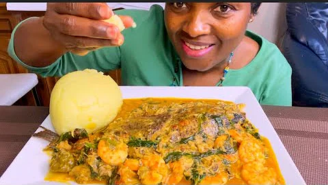 Asmr mukbang Shrimp +Tilapia fish with vegetable soup and potatoes Fufu bang/Eating show no talking