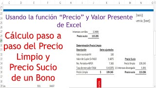 Cálculo  del precio limpio  y sucio de un bono con cupón regular usando Excel