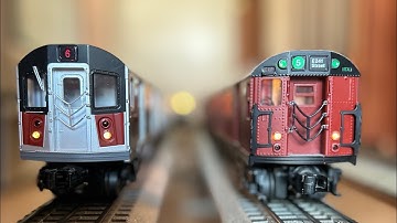 MTH Subway: MTA NYCT 4-Car Redbird R21 (5) Train and 5-Car R142A (6) Train Action