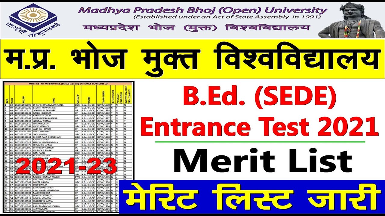B.Ed Entrance Exam MP Bhoj University 2021 Merit List MP Bhoj Merit