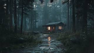 Small Wooden Cabin Glowing Warmly In Misty Wet Woods Beneath A Vast Sky For Sleep And Calm