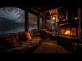Rain in cozy cabin with warm fireplace and gentle rain on lakeside to relaxation study and sleeping