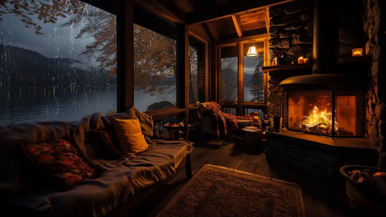 ⁣Rain in Cozy Cabin with Warm Fireplace and Gentle Rain on Lakeside to Relaxation, Study and Sleeping