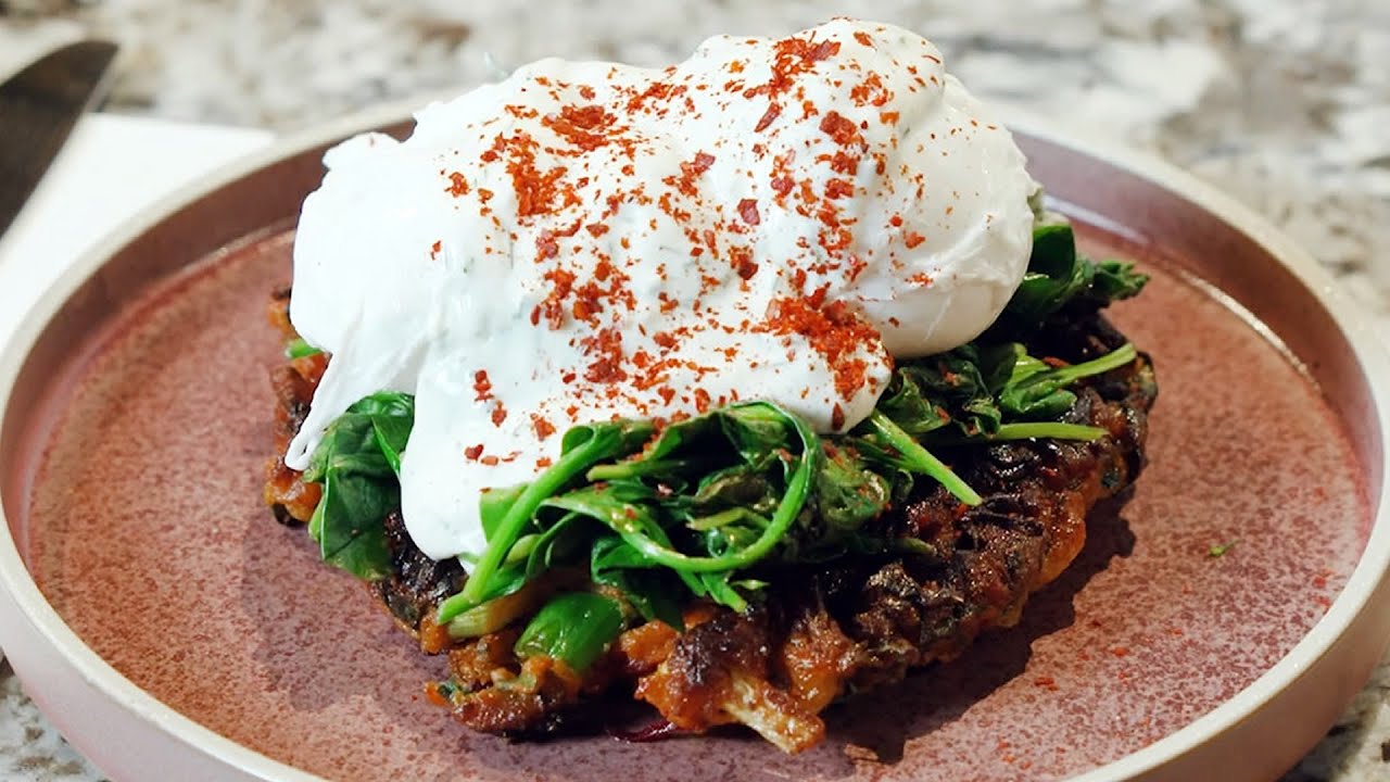 Our State On A Plate - No Waste Veg   Veggie crisper fritter, poached eggs, roasted garlic ranch dre
