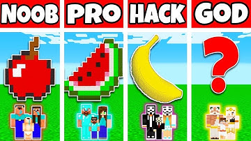 Minecraft: FAMILY FRUIT HOUSE BUILD CHALLENGE - NOOB vs PRO vs HACKER vs GOD in Minecraft