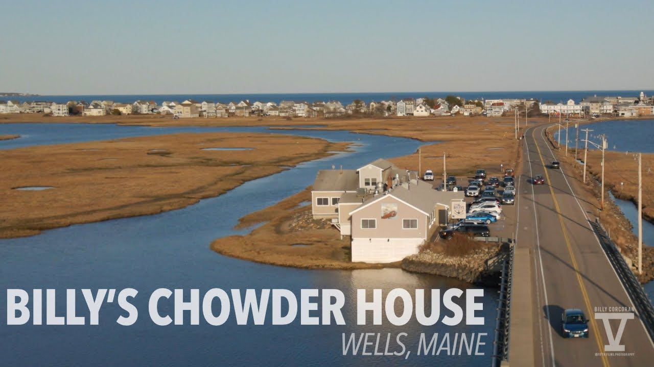 Coastal Maine 4k Drone Video Billy's Chowder House, Wells, Maine by