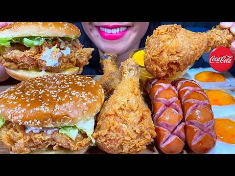 ASMR CHICKEN BURGER, FRIED CHICKEN, SAUSAGES, EGGS, CHEESE SAUCE MUKBANG MASSIVE Eating Sounds