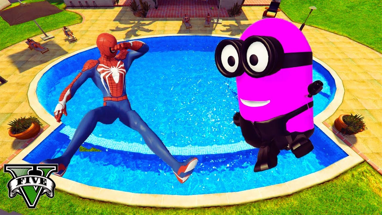 Spiderman & Rainbow Minion Team Pool Parkour | GTA 5 Ragdoll Compilation